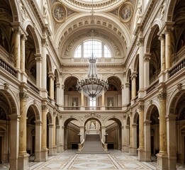 Obraz premium Luxurious palace ballroom lobby with gold dome ceiling, crystal chandelier and marble floor