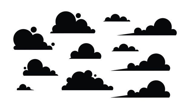 Cloud Illustrations. A collection of stylized black cloud shapes on a white background. Sky elements, weather icons, digital art.