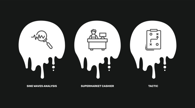 business icon set with sine waves analysis, supermarket cashier, tactic signs in flat outline style