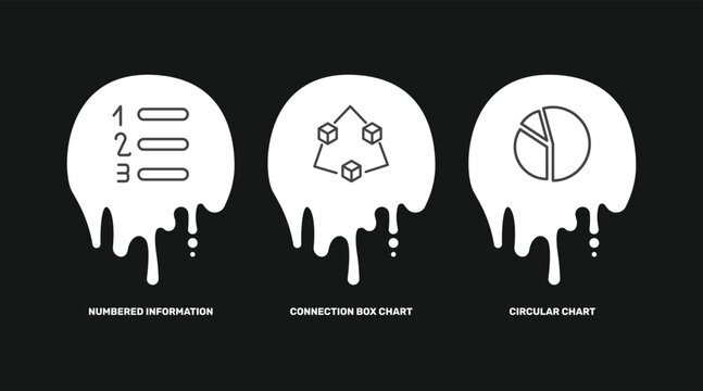 business and analytics icon set with numbered information, connection box chart, circular chart signs in flat outline style