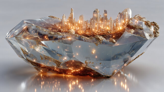 Cityscape within a crystal formation 3d rendered