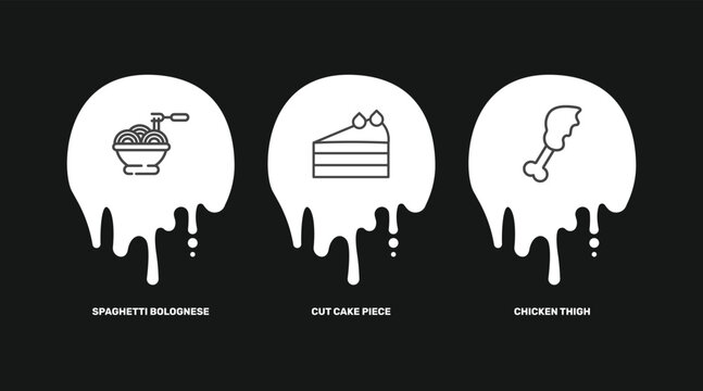 restaurant icon set with spaghetti bolognese, cut cake piece, chicken thigh signs in flat outline style
