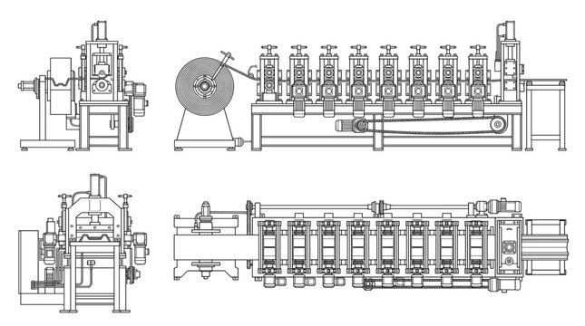 Roll forming machine industrial manufacturing equipment technical drawing blueprint with front side back and top views CAD line art vector illustration