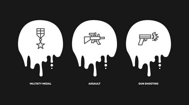 military and war and icon set with militaty medal, assault, gun shooting signs in flat outline style