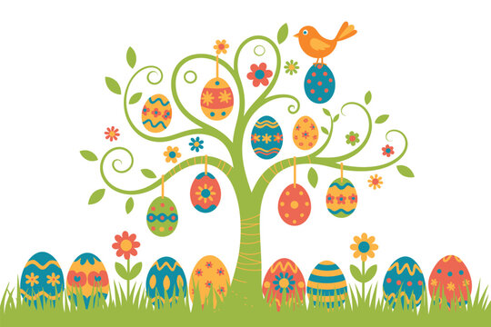 Spring easter tree illustration decorated with painted eggs bird