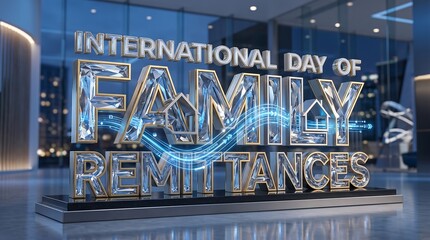 Obraz premium 3d render of international day of family remittances text with diamond texture and glowing blue light effects in a modern office lobby