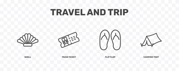 travel and trip icon set with shell, train ticket, flip flop, camping tent signs in flat outline style © Abstract