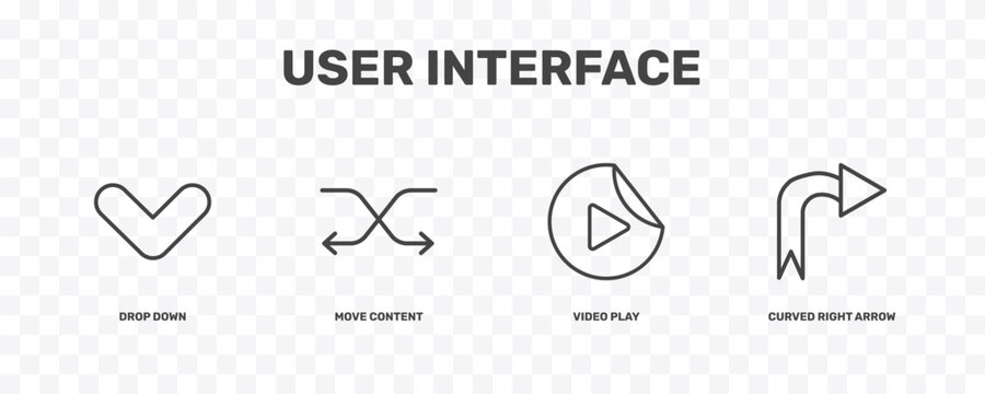 user interface icon set with drop down, move content, video play, curved right arrow signs in flat outline style