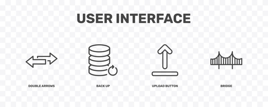 user interface icon set with double arrows, back up, upload button, bridge signs in flat outline style