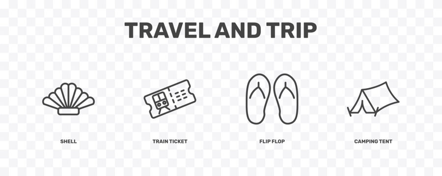 travel and trip icon set with shell, train ticket, flip flop, camping tent signs in flat outline style