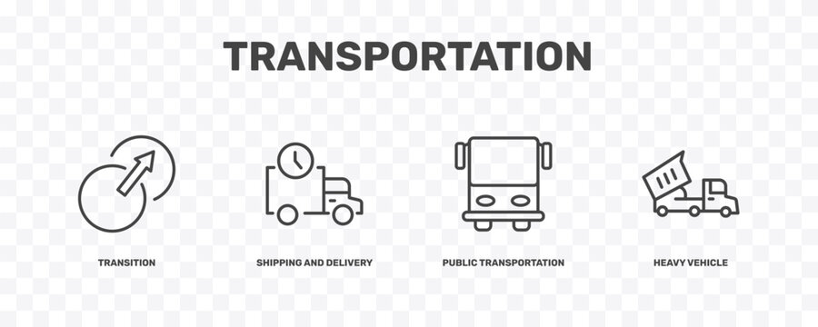 transportation icon set with transition, shipping and delivery, public transportation, heavy vehicle signs in flat outline style