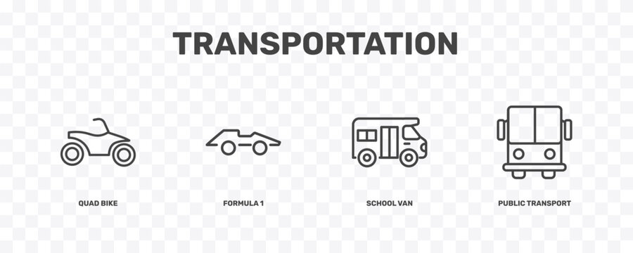 transportation icon set with quad bike, formula 1, school van, public transport signs in flat outline style