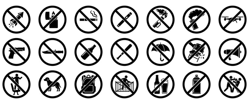 A collection of prohibited warning icons while in the stadium, black line art with various prohibited activities while watching football in the stadium, vector illustration.