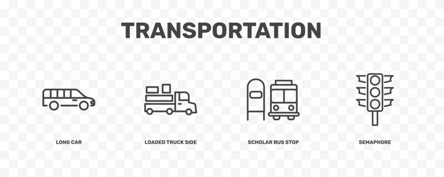 transportation icon set with long car, loaded truck side view, scholar bus stop, semaphore signs in flat outline style