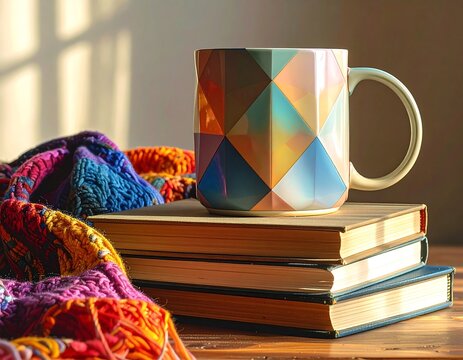 Colorful knitted blanket on wooden chair with coffee.