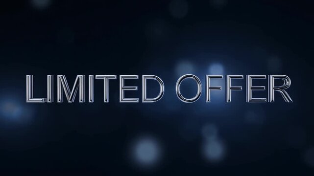 Slow motion reveal of text limited offer forming from particles into metallic letters against dark blue studio background