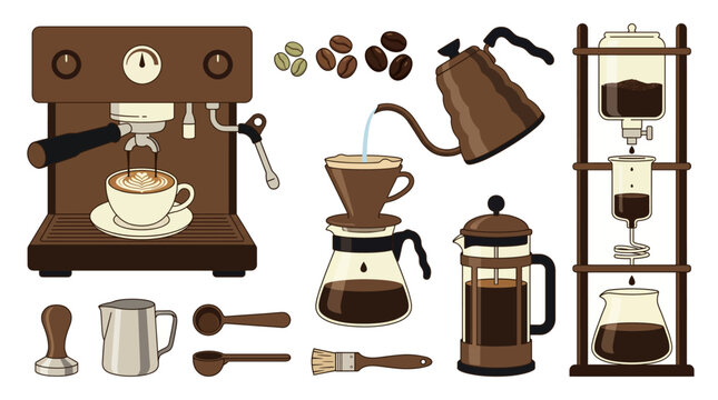 Coffee culture brewing collection with espresso machine latte art coffee beans and brewing methods vector set