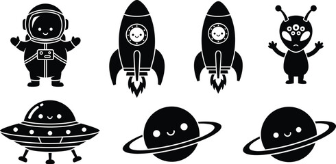Set of Cute Space Silhouettes Featuring Astronauts Rocket Ships Aliens UFOs and Planets for Kids Science Projects Galaxy Themed Nursery Decor and Creative Graphic Designs © MstMonjila
