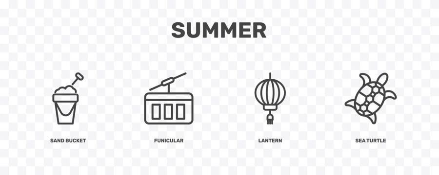 summer icon set with sand bucket, funicular, lantern, sea turtle signs in flat outline style