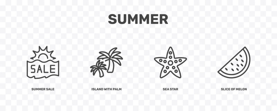 summer icon set with summer sale, island with palm trees, sea star, slice of melon signs in flat outline style