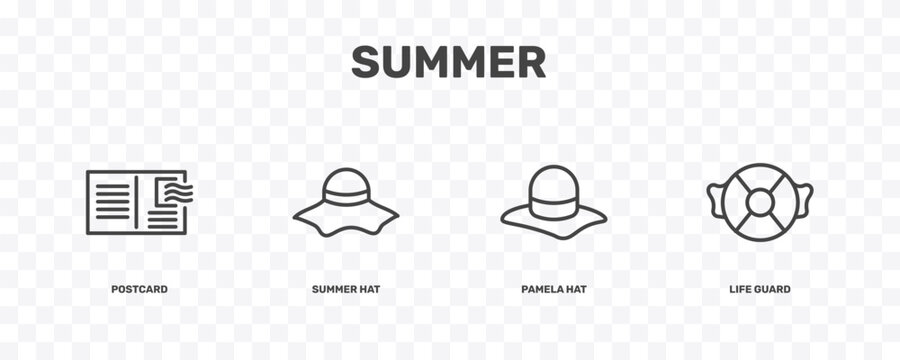 summer icon set with postcard, summer hat, pamela hat, life guard signs in flat outline style
