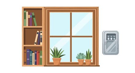 Wooden window with bookshelves and potted succulent plants illustration © anang