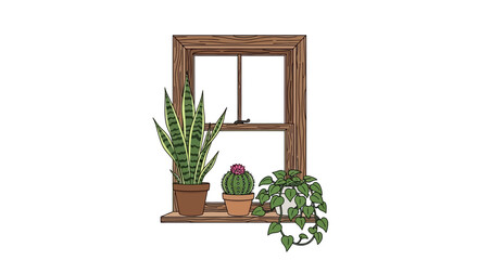 Illustration of various houseplants sitting on a wooden windowsill © anang