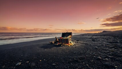 Fototapeta premium Tranquil Beach Scene with Mushroom Chair and Sunset Sky over Pebbled Shore