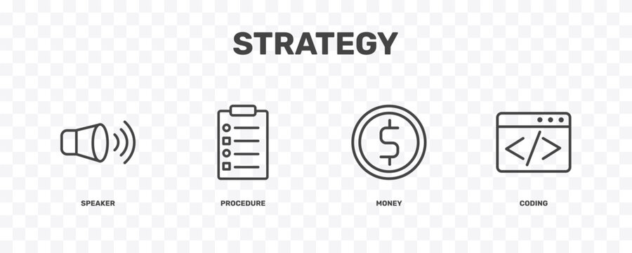 strategy icon set with speaker, procedure, money, coding signs in flat outline style