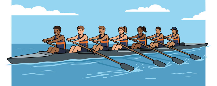 Diverse teenage rowing team pulling oars in long boat on blue water under cloudy sky teamwork and endurance sport concept