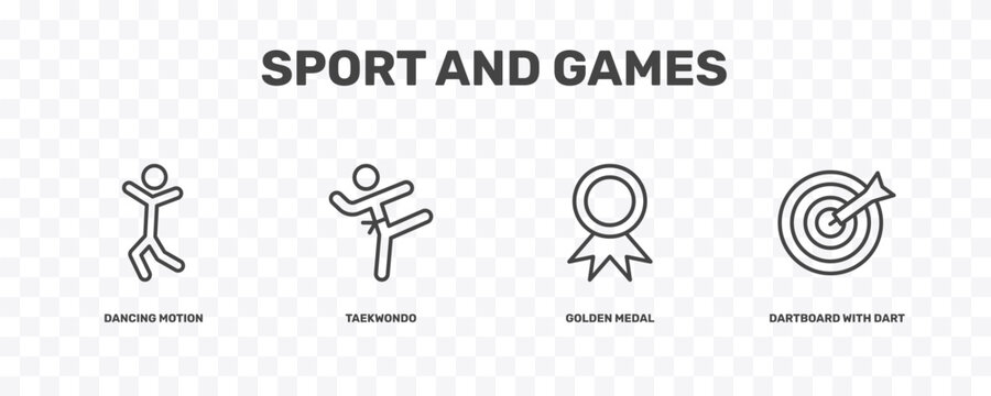 sport and games icon set with dancing motion, taekwondo, golden medal, dartboard with dart signs in flat outline style