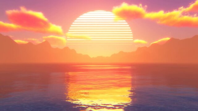 Time lapse static shot of stylized sun setting over ocean with mountain range and shimmering reflection on water at dusk retro synth wave seascape