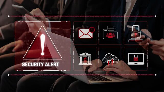 A scene depicting a digital security alert on a screen surrounded by business professionals using devices, highlighting the importance of cybersecurity in modern workplaces. Raster