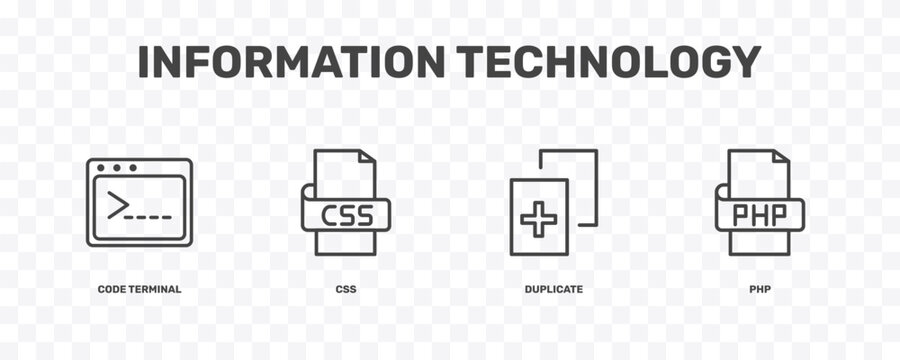 information technology icon set with code terminal, css, duplicate, php signs in flat outline style