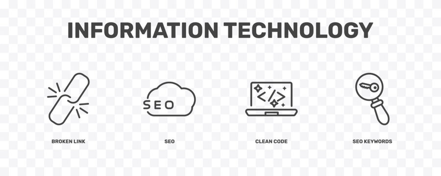 information technology icon set with broken link, seo, clean code, seo keywords signs in flat outline style