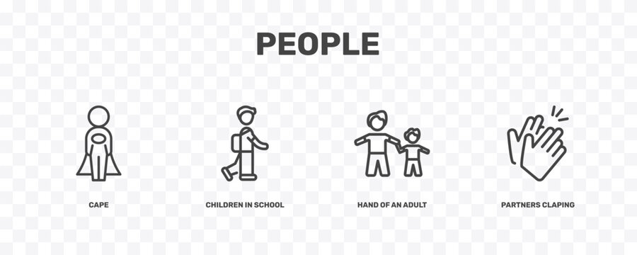 people icon set with cape, children in school, hand of an adult, partners claping hands signs in flat outline style