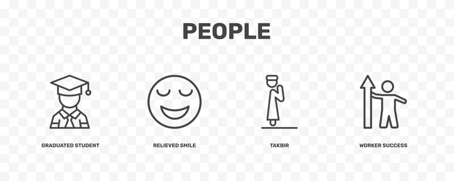 people icon set with graduated student, relieved smile, takbir, worker success signs in flat outline style