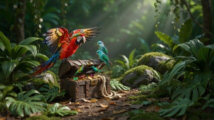 Obraz premium Vibrant Tropical Parrots and Snake in Lush Jungle Environment with Treasure Chest