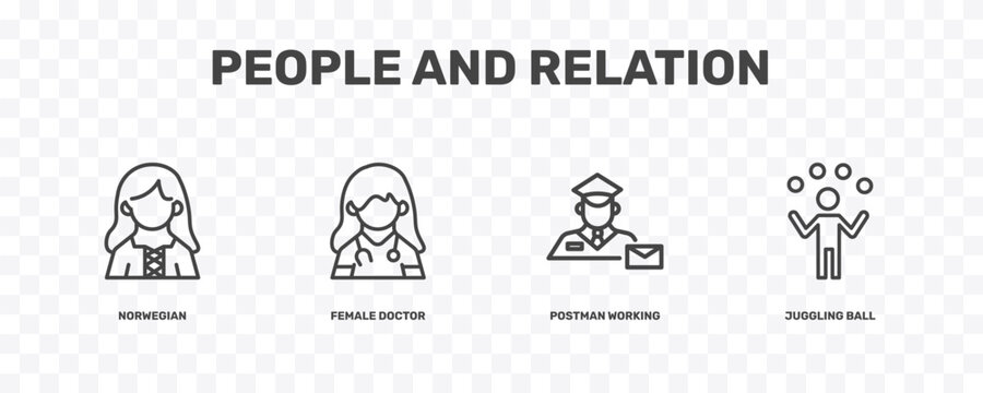 people and relation icon set with norwegian, female doctor, postman working, juggling ball signs in flat outline style