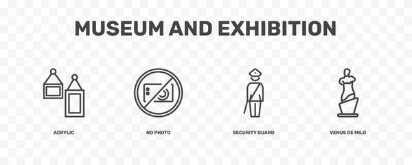 museum and exhibition icon set with acrylic, no photo, security guard, venus de milo signs in flat outline style © Abstract