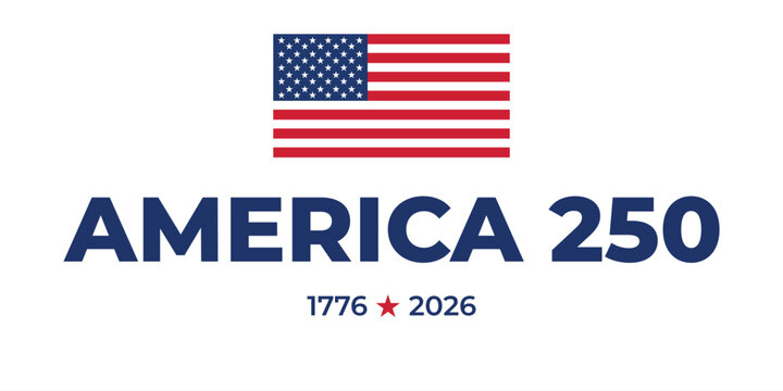 America 250 anniversary celebration logo with us flag and historical dates seventeen seventy six two.