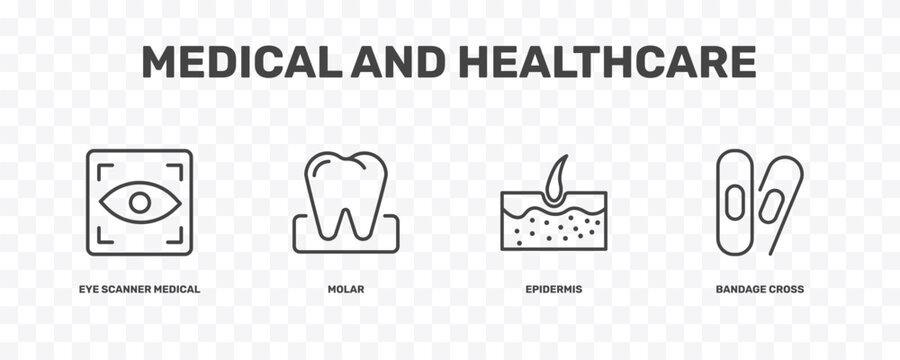 medical and healthcare icon set with eye scanner medical, molar, epidermis, bandage cross signs in flat outline style