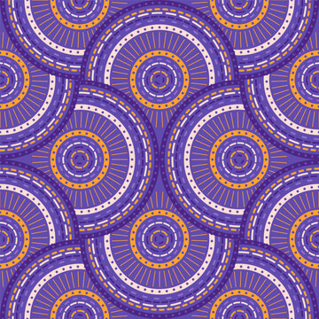 Bold seamless geometric pattern, concentric circles and fan motifs in purple, lavender and orange. Dashed lines in scallop shapes, seamless vector pattern, boho ethno abstract geometric background,