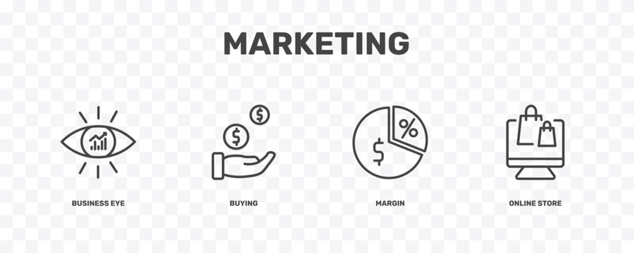 marketing icon set with business eye, buying, margin, online store signs in flat outline style