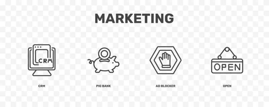 marketing icon set with crm, pig bank, ad blocker, open signs in flat outline style