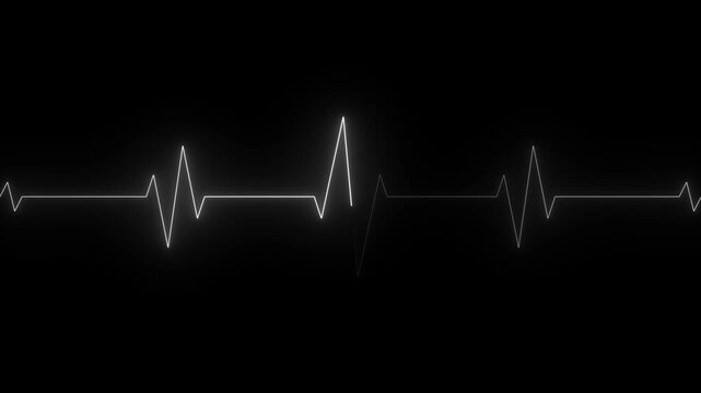 Minimalist white neon heartbeat trace animation, ecg pulse line on black background - seamless medical monitor loop video. 4k