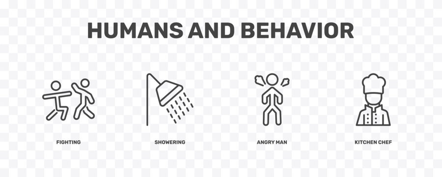 humans and behavior icon set with fighting, showering, angry man, kitchen chef signs in flat outline style
