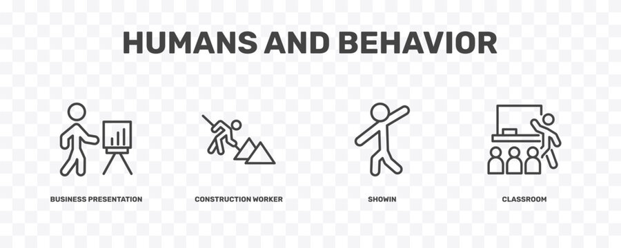 humans and behavior icon set with business presentation, construction worker, showin, classroom signs in flat outline style