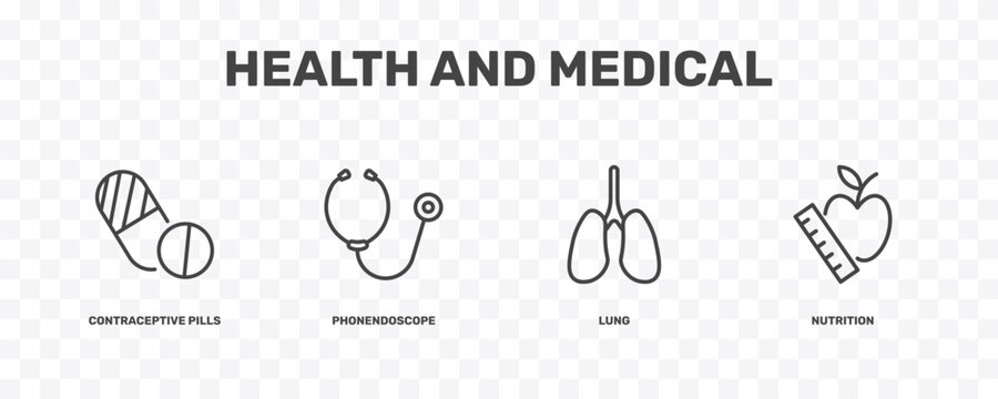 health and medical icon set with contraceptive pills, phonendoscope, lung, nutrition signs in flat outline style
