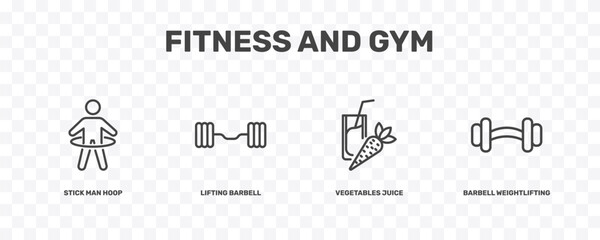 Naklejka premium fitness and gym icon set with stick man hoop, lifting barbell, vegetables juice, barbell weightlifting signs in flat outline style